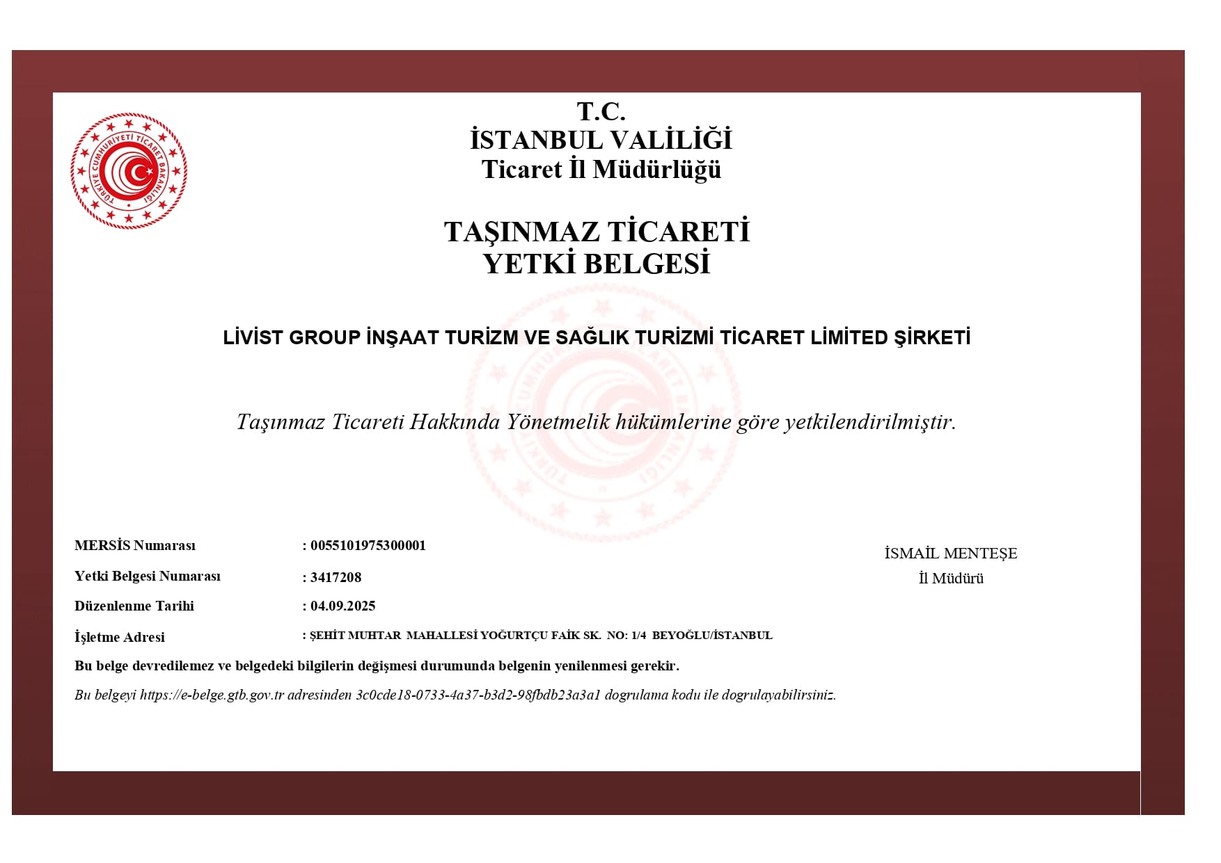 Taşınmaz Ticareti Yetki Belgesi