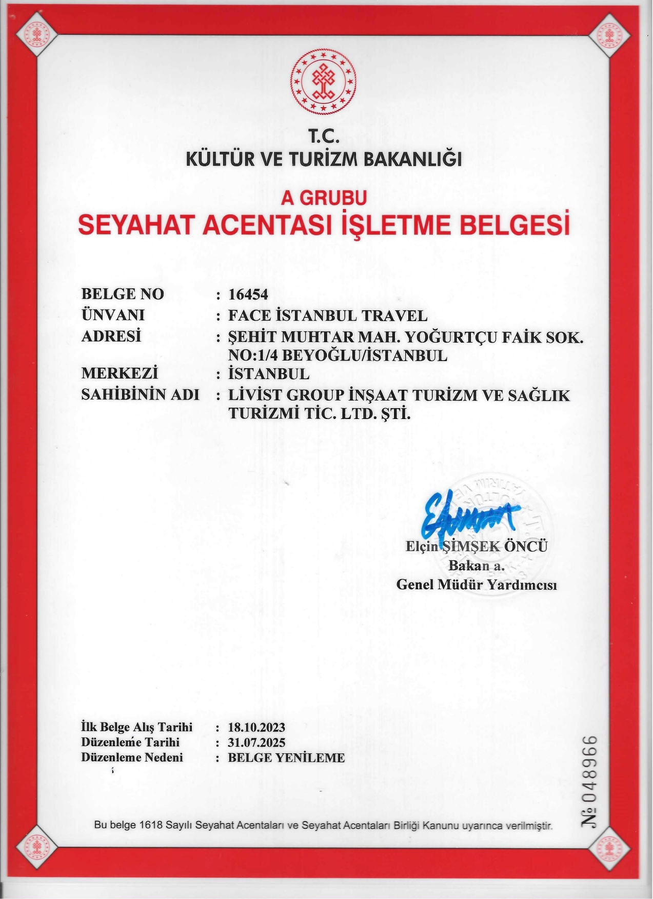 TÜRSAB A Grubu Belgesi